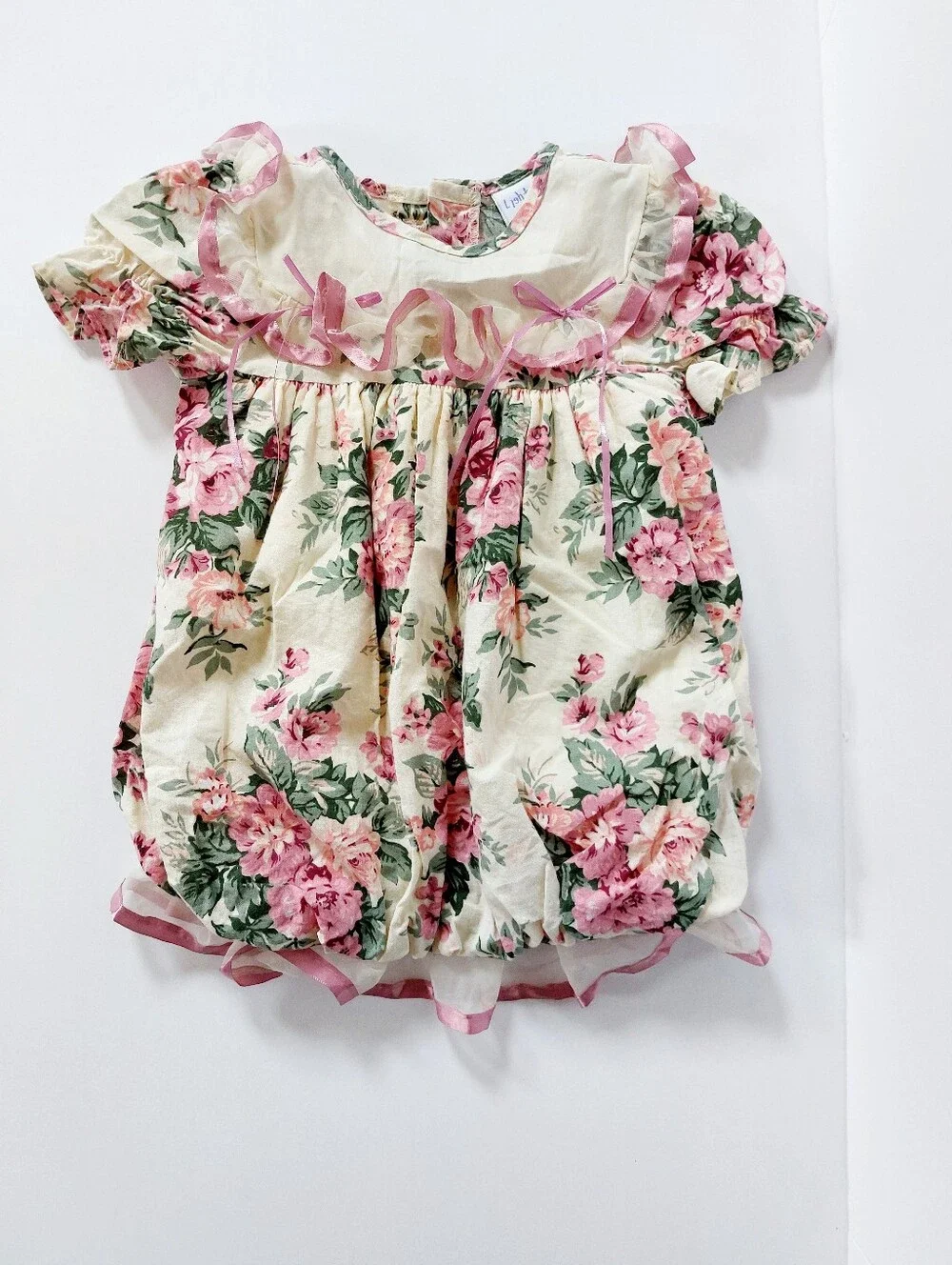 90s Cream & Pink Floral Dress 12m Lightning Bug Cottagecore Victorian‎